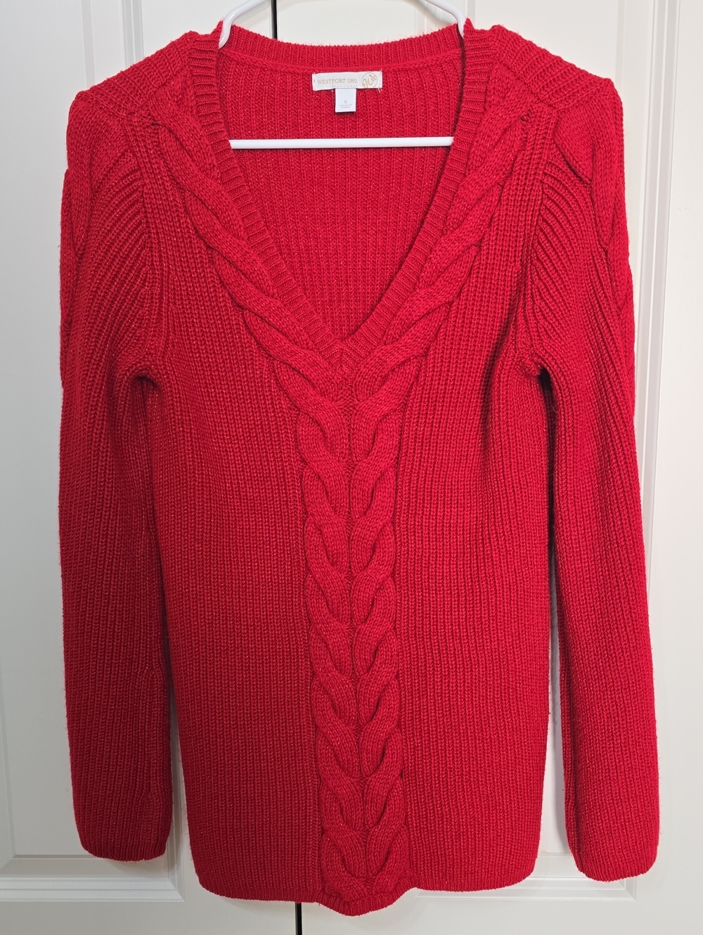 Women's Red Cable-Knit V-Neck Sweater